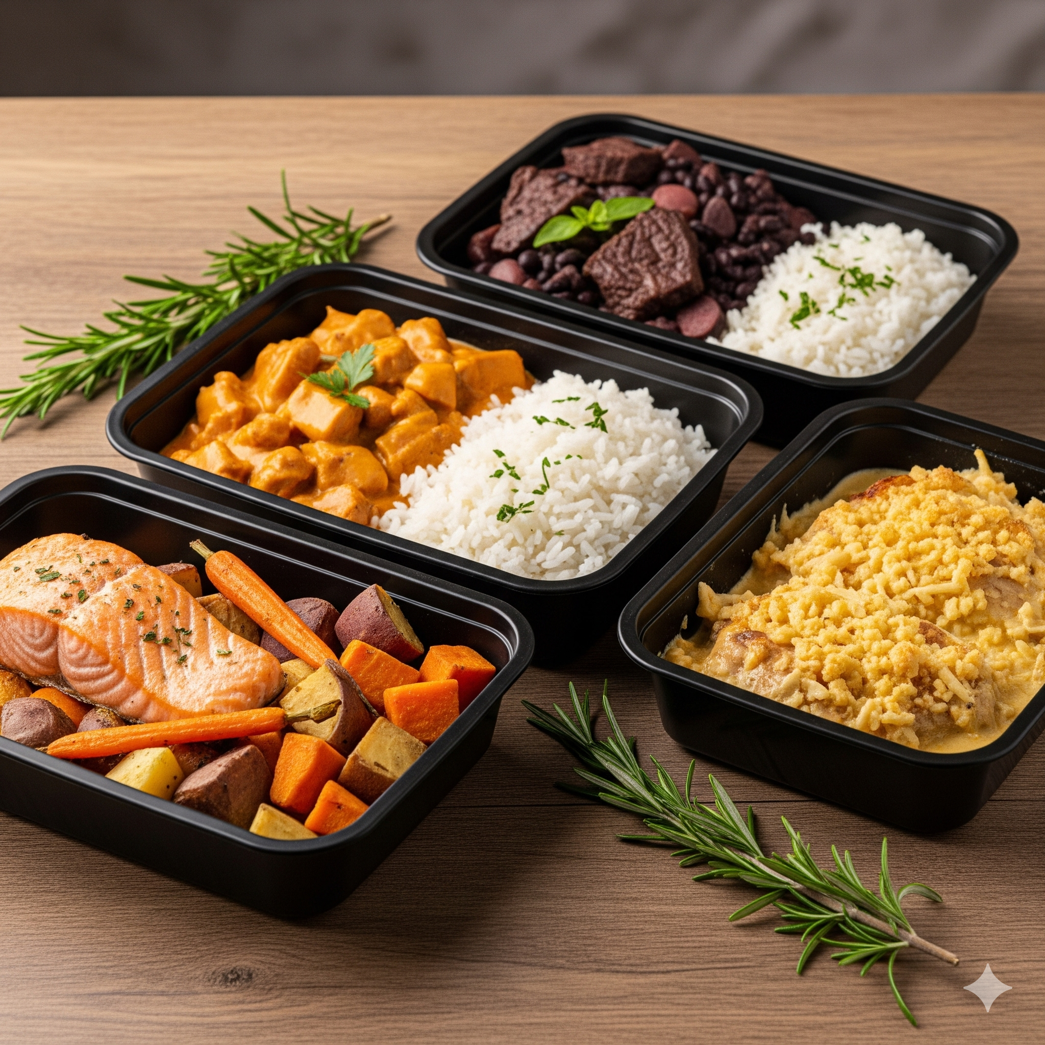Meal prep containers with gourmet food