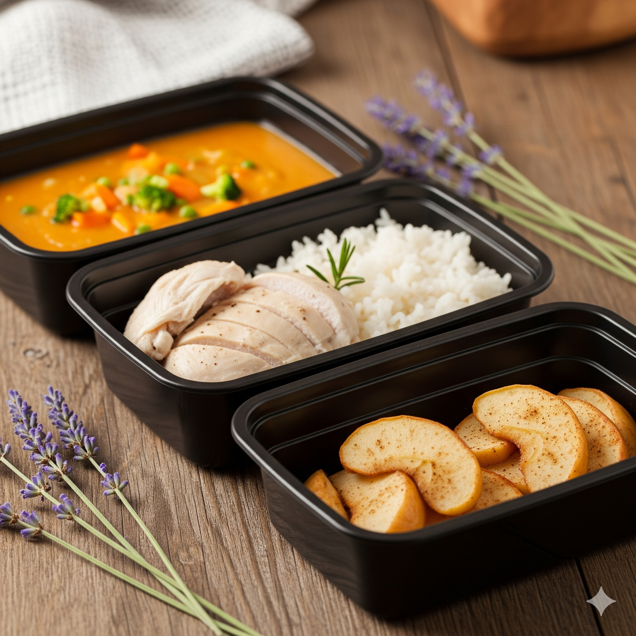 Meal prep containers with gentle, recovery-focused meals